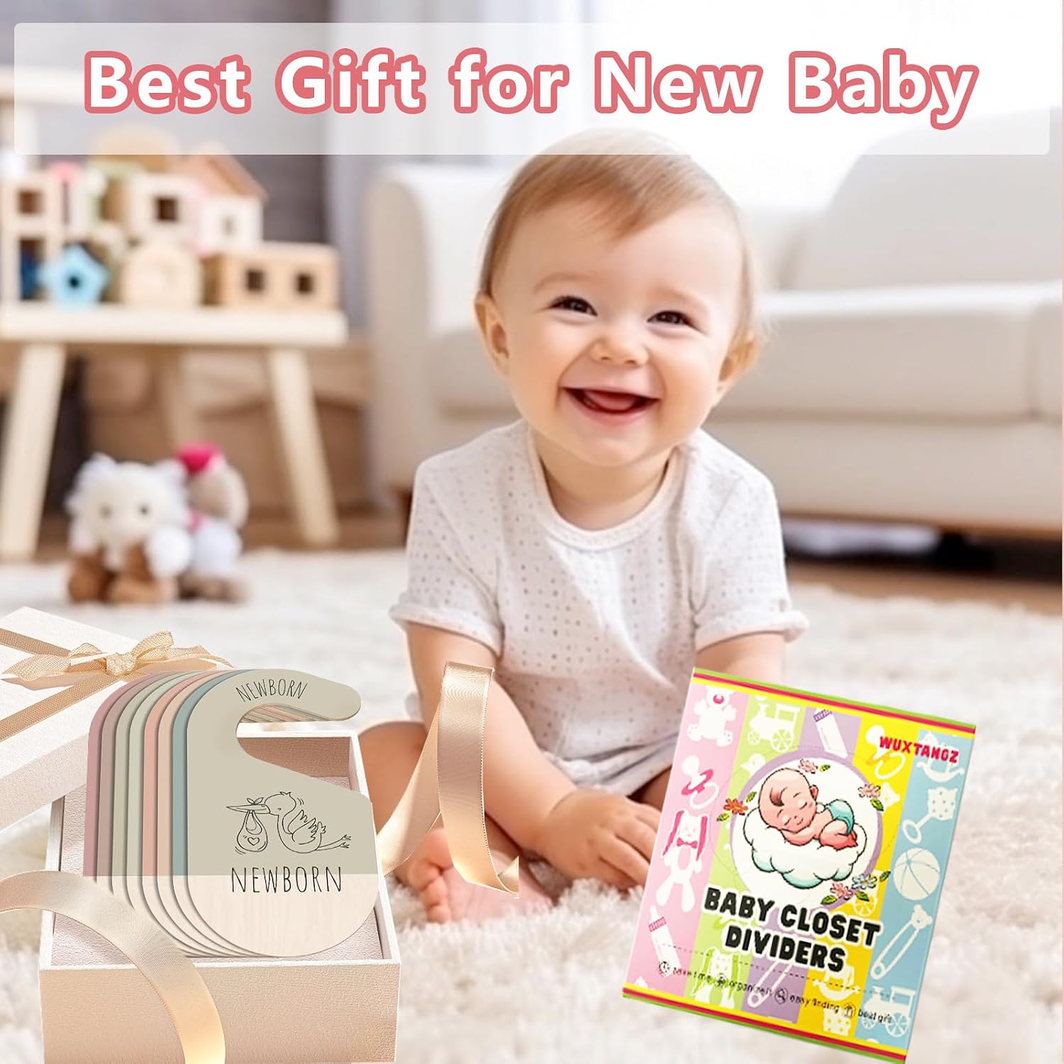 Baby Closet Dividers, Hanging Wooden Double-Sided Nursery Decor Closet Dividers for Baby Clothes, Baby Clothes Dividers for Newborn to 24 Months Size Clothes