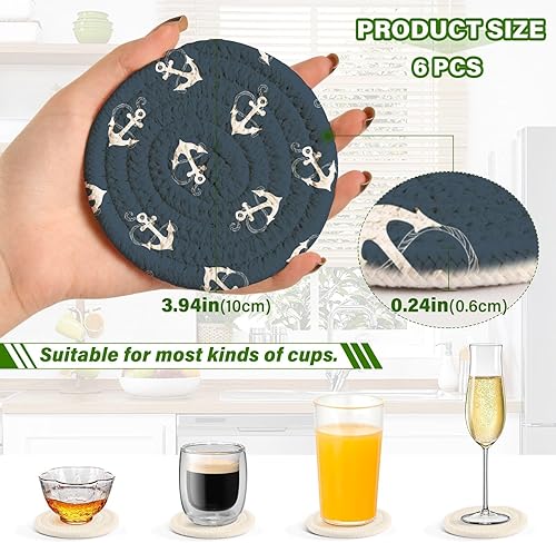 Miniatura 3 de innewgogo Blue White Anchor 6 Pcs Absorbent Drink Coasters for Tabletop Protection Handmade Round Woven Coaster with Holder & Heat Water Resistant