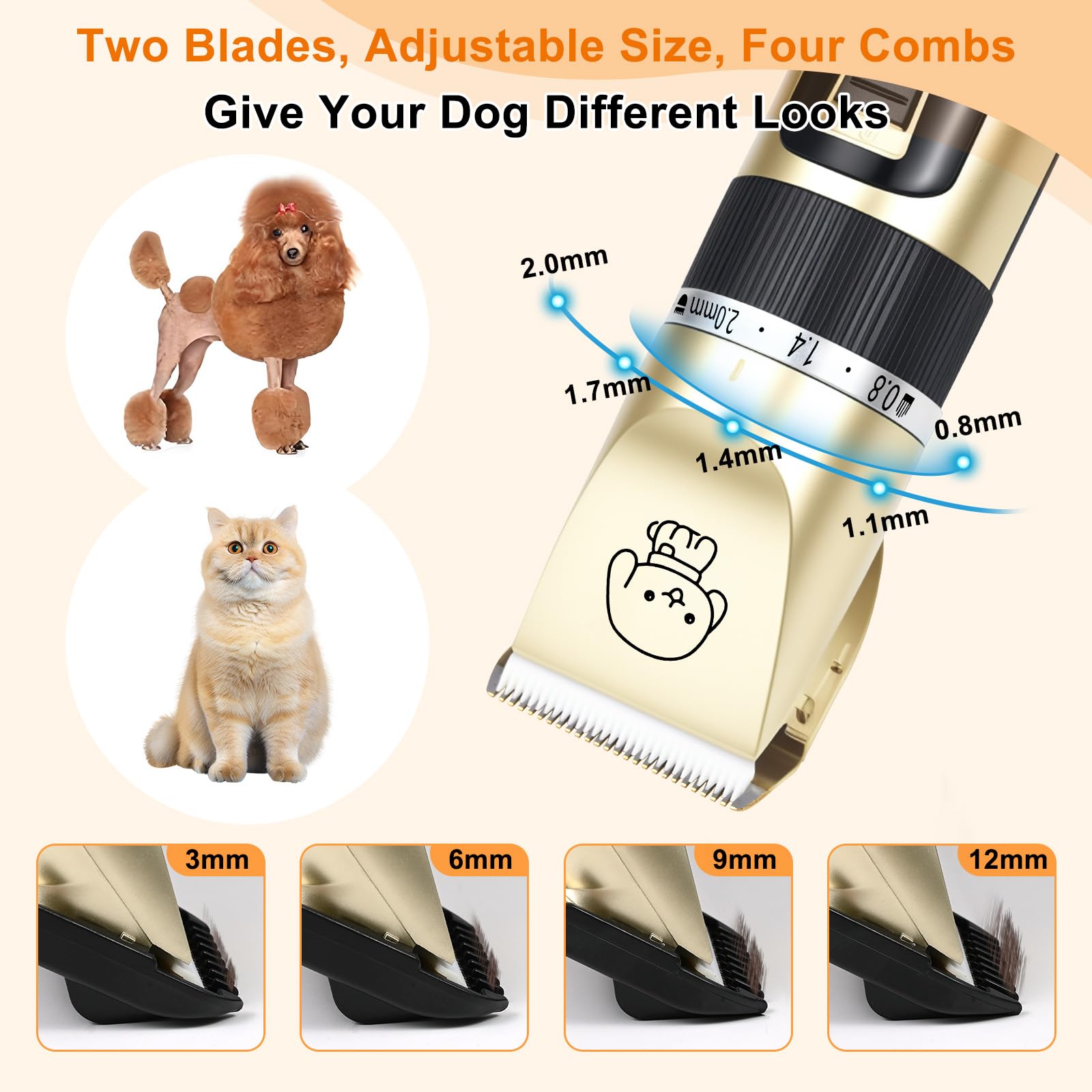 FrutPunch Kit de aseo para perros, cortapelos inalámbrico para perros, afeitado eléctrico, recortador de pelo para perros recargable de bajo ruido, con cabezal de afeitado para patas, adecuado para ga