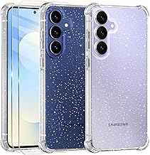 Case Compatible with Samsung Galaxy S25 FE, 2-Piece Tempered Glass Screen Protector, Clear Glitter Case in Soft Silicone Shockproof Transparent Cover