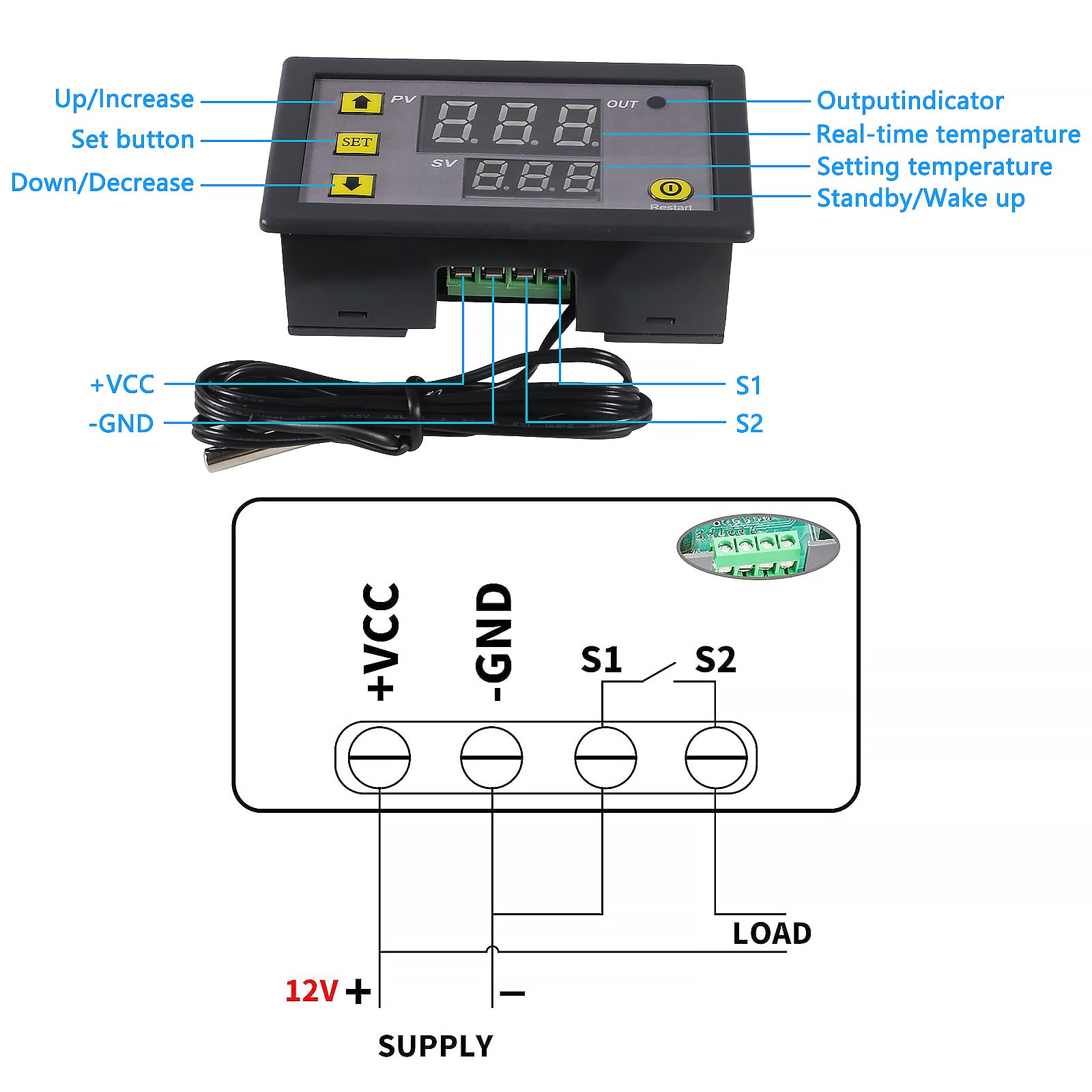 W3230 Digital Temperature Controller – High Temp Alarm Thermostat, DC 12V/24V/220V - View #3