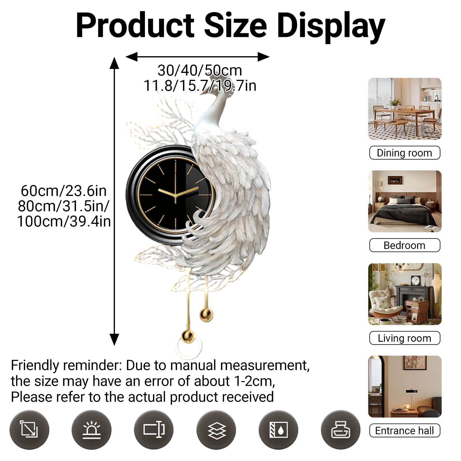 Orologio da parete 3D a forma di pavone con luce LED, orologio decorativo moderno con movimento silenzioso, scultura in porcellana di cristallo per ingresso soggiorno, 50 x 100 cm
