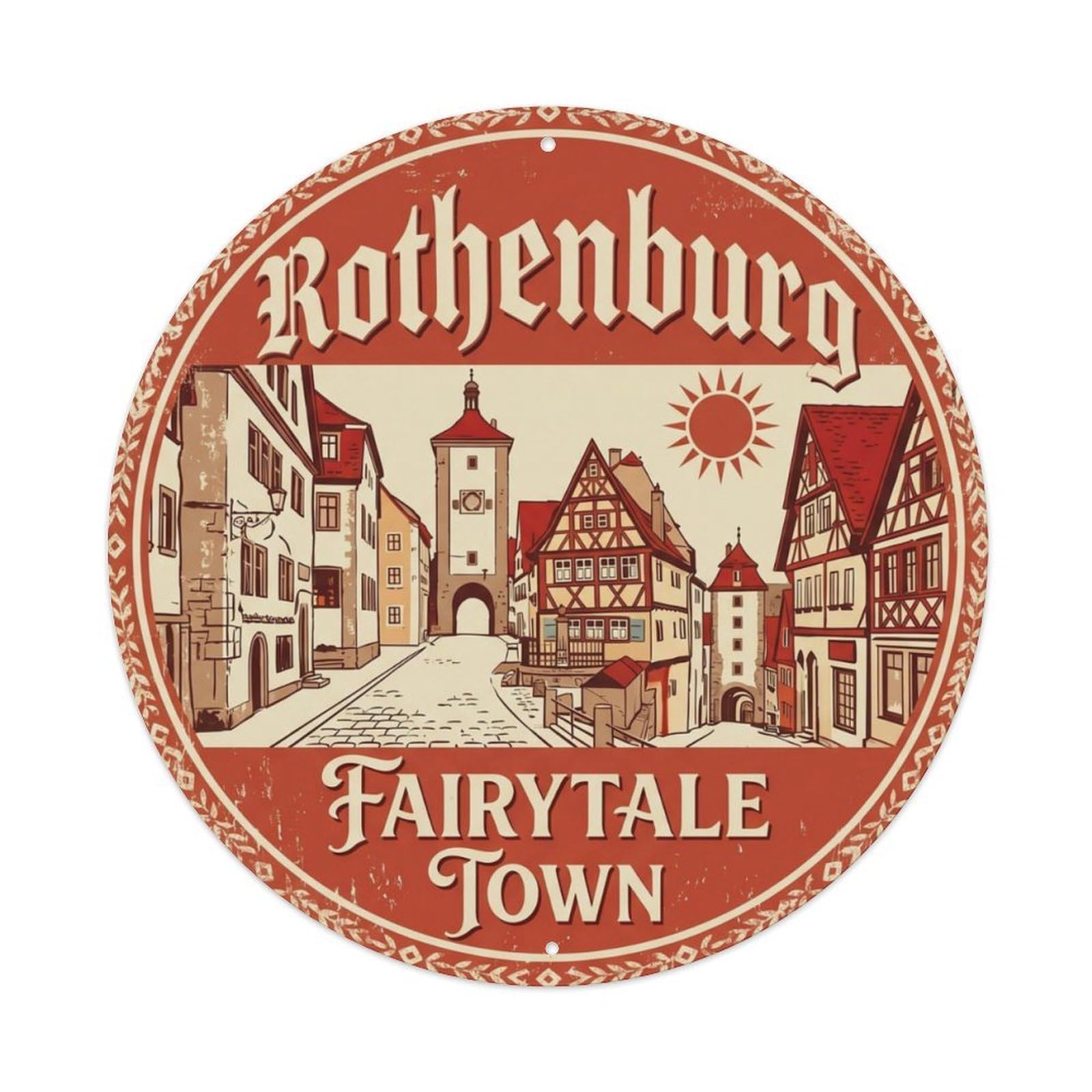 Vintage Travel Rothenburg Germany Bavarian Metal Tin Sign Plaque Wall Decor for Cafe, Club Bar, Office, Home Garden Round Metal Poster 8x8Inch