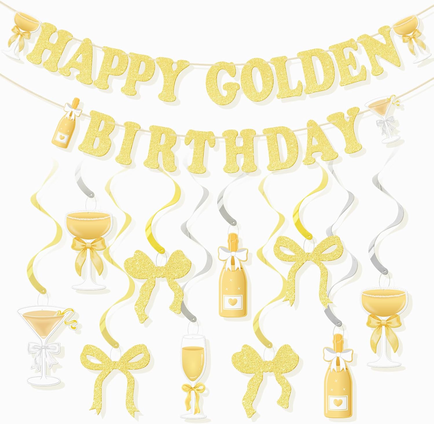 Golden Birthday Party Decorations Kit, Glitter Happy Golden Birthday Banner & Hanging Swirls Ceiling Ornaments, Photo Backdrop for Women Men In My Golden Era Funny Gold Bday Party Supplies
