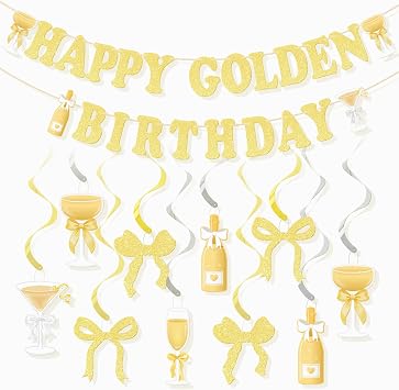 Golden Birthday Party Decorations Kit, Glitter Happy Golden Birthday Banner & Hanging Swirls Ceiling Ornaments, Photo Backdrop for Women Men In My Golden Era Funny Gold Bday Party Supplies