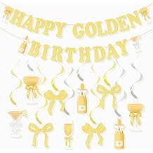 Golden Birthday Party Decorations Kit, Glitter Happy Golden Birthday Banner & Hanging Swirls Ceiling Ornaments, Photo Backdrop for Women Men In My Golden Era Funny Gold Bday Party Supplies