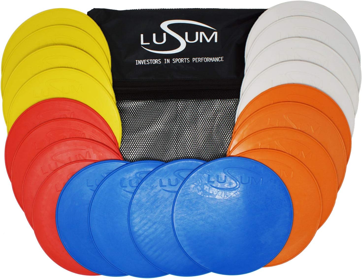 Lusum Set of 20 Full-Sized Pro Non Slip Flat Rubber Round Sports Marker Discs - Pack of 20 Flat Football Discs with Travel Bag - Flat Cones for Football Training