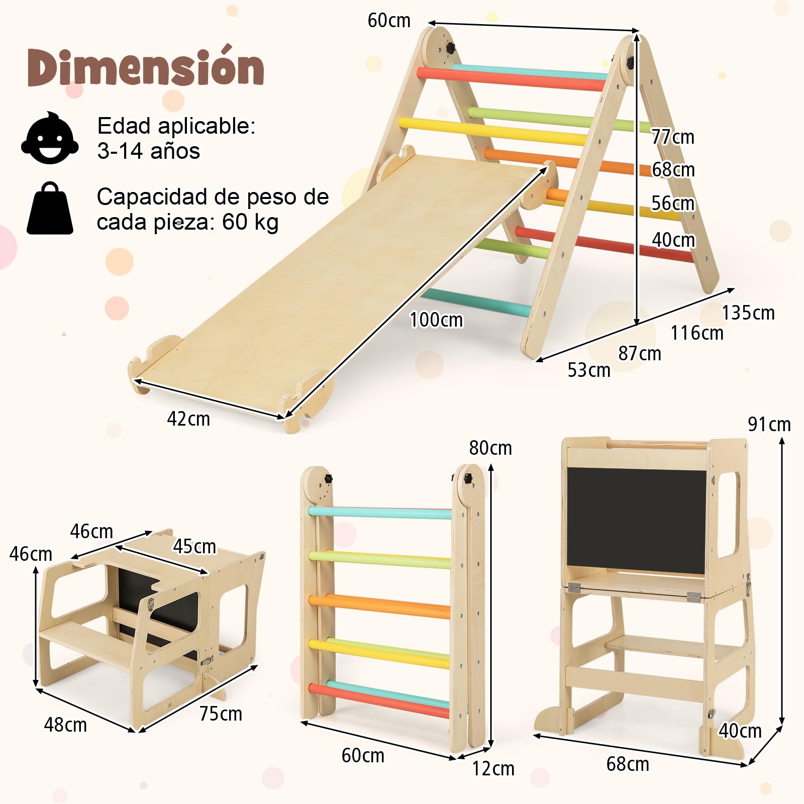 COSTWAY 7 en 1 Triángulo de Escalada de Madera para Niños con Rampa Reversible, Torre de Aprendizaje Plegable Montessori, Mesa y Silla Infantil, Pizarra Divertida, para Niños de 3-14 Años (Multicolor)