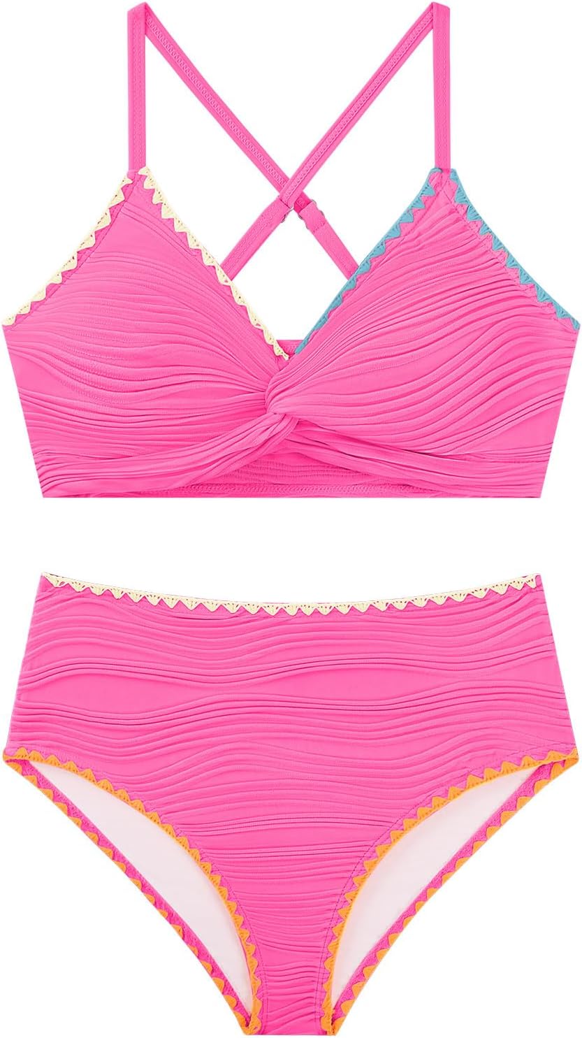 Girls Swimsuits 2 Piece Color Block Bikini Sets Contrast Trim Cross-Back Straps Teen Padded Bathing Suit 7-16Y