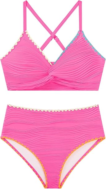 Girls Swimsuits 2 Piece Color Block Bikini Sets Contrast Trim Cross-Back Straps Teen Padded Bathing Suit 7-16Y