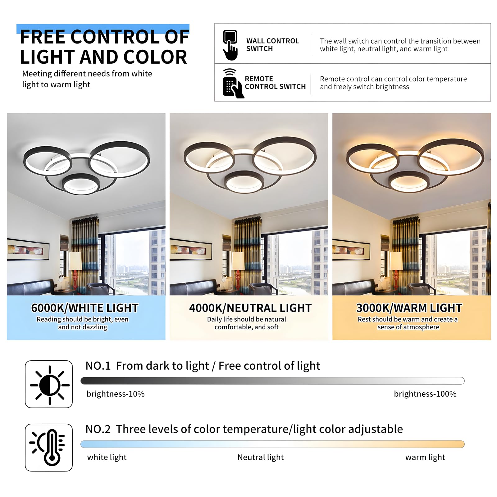 Nowoczesna LED Lampa Sufitowa, Ø53cm Czarna Lampa Multi Circle, 42W Płynną Regulacją Ściemniania 3000-6000K, Okrągły Metalowy Żyrandol + Akrylowy Żyrandol, Sypialnia Salon (4 Pierścienie)