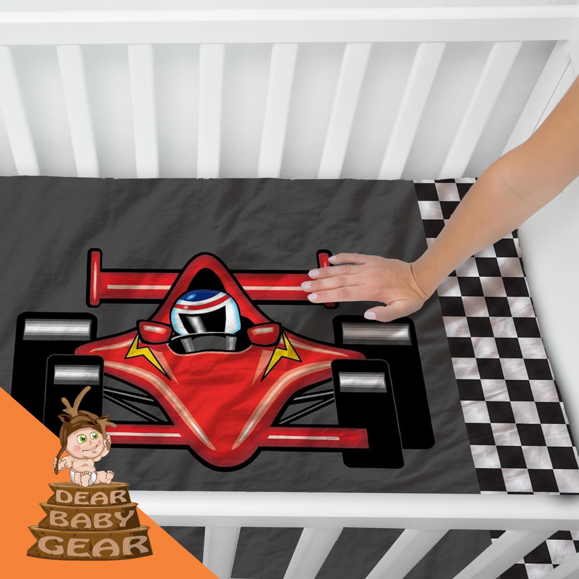 Dear Baby Gear Sábana de lujo para cuna de bebé, sábanas de algodón y poliéster, funda de colchón suave lavable a máquina, sábana de bebé recién nacido, conductor de coche de carreras, a cuadros, 52 x