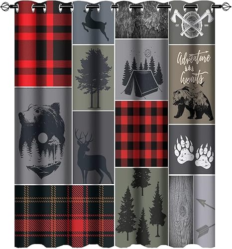 Miniatura 1 de Cortinas opacas con diseño abstracto de oso y ciervo, diseño abstracto de granja, a cuadros, a cuadros, aventuras, con ojales, ahorro de energía,