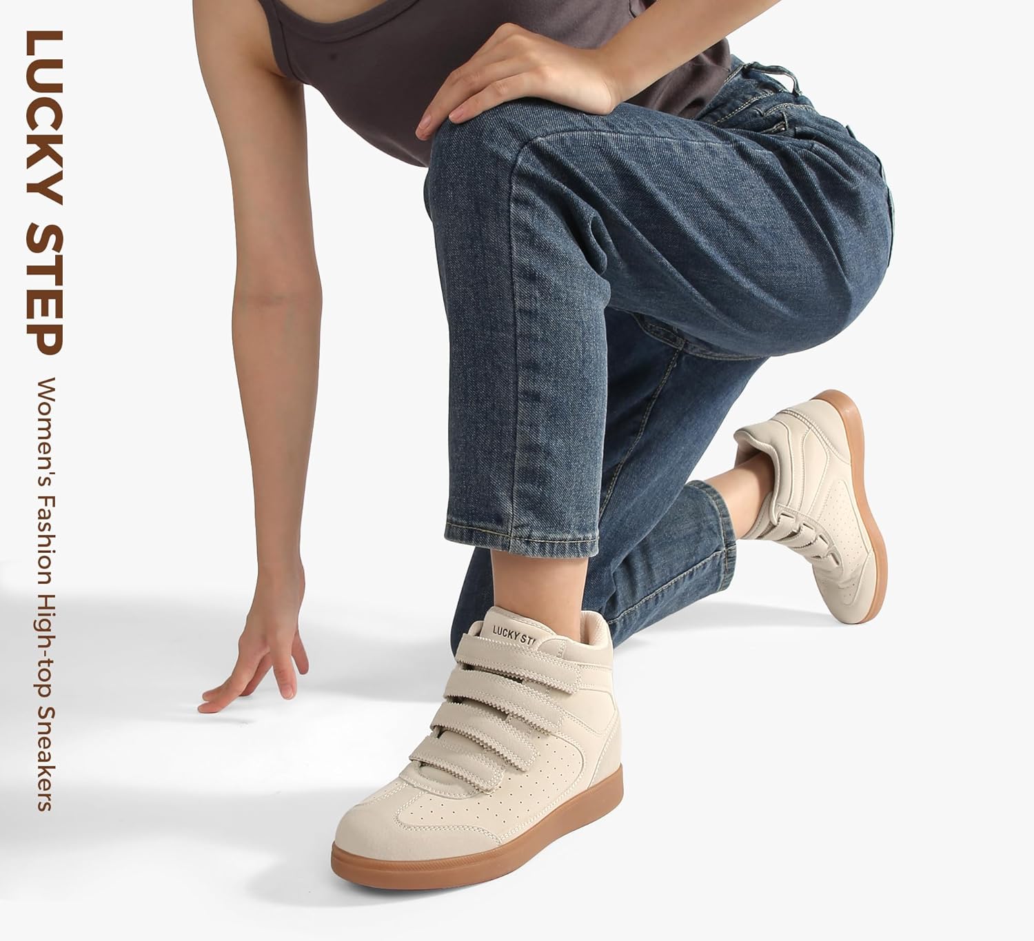 LUCKY STEP Women's High Top Fashion Sneakers Casual Hidden Height Insole Shoes Gum Rubber Sole Ankle Boots Hook-and-Loop Walking Shoes - Image 7