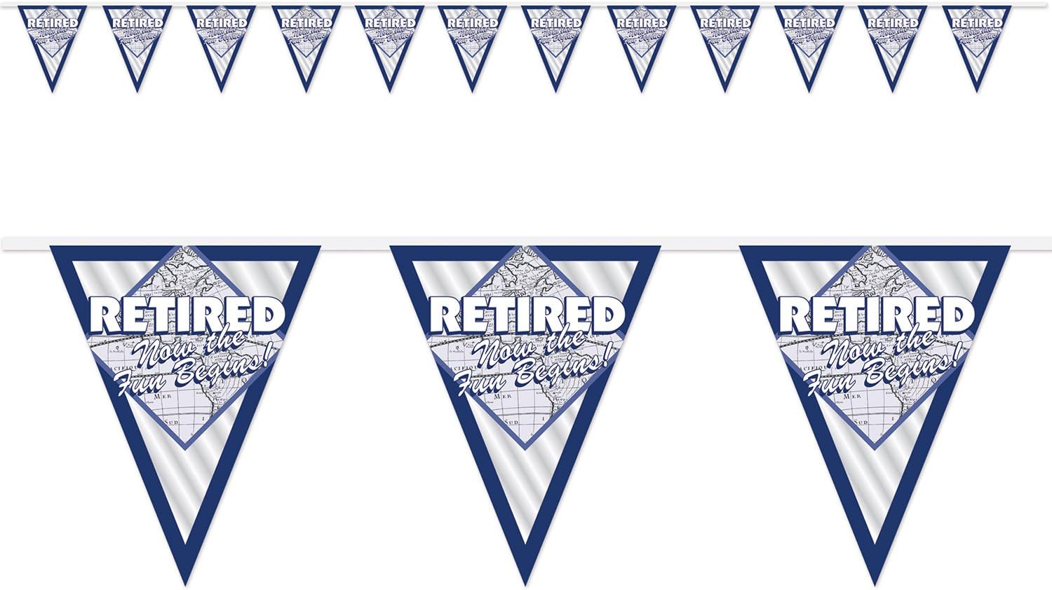 Beistle Retirement Party Decorations Pennant Banner, Retired Now The Fun Begins Pennant Banner 11 Inch x 12 Feet, Pack of 12