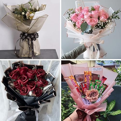 Miniatura 5 de CCINEE 60 hojas de papel de regalo de flores con borde dorado, material de embalaje de flores frescas impermeable con cinta, suministros de ramo de