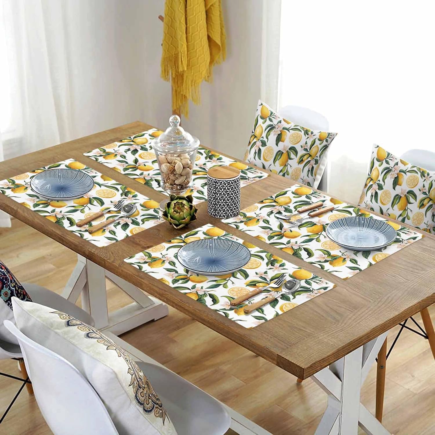 Summer Lemon Placemats Set of 12 Flowers and Leaves Non Slip Washable Table Mats Set Modern Watercolor Style Table Placemats for Kitchen Dining Table Wedding Holiday Party Decoration