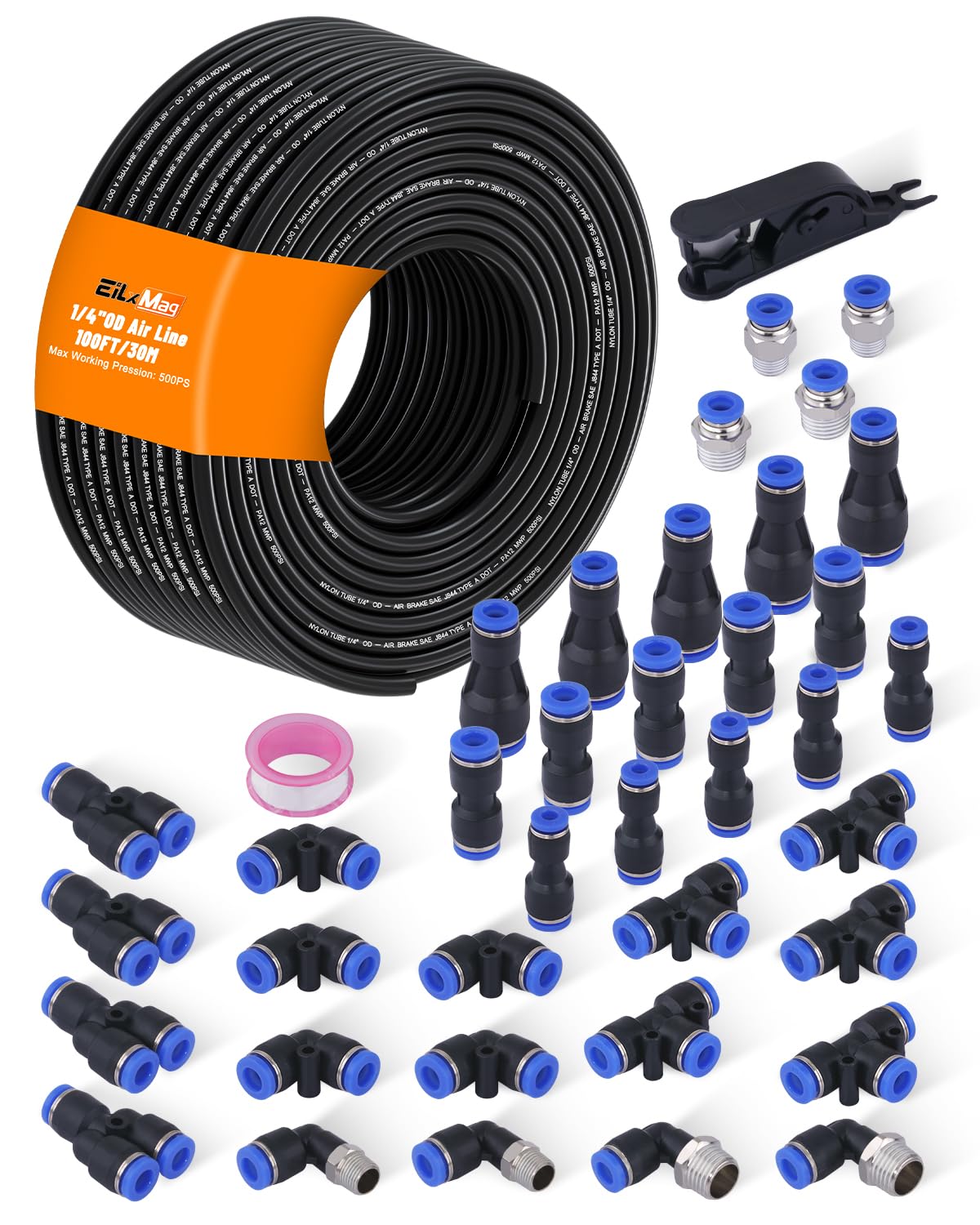 1/4" Air Line Tubing Kit, 100FT SAE J844 PA Nylon Air Hose Tubing
