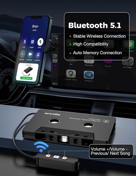 arsvita 5.1 Bluetooth Cassette Adapter, Car Audio Bluetooth Cassette Receiver, Cassette Bluetooth Adapter for Car Support Micro SD Card, Hands-Free Call, Black, Type BCA02