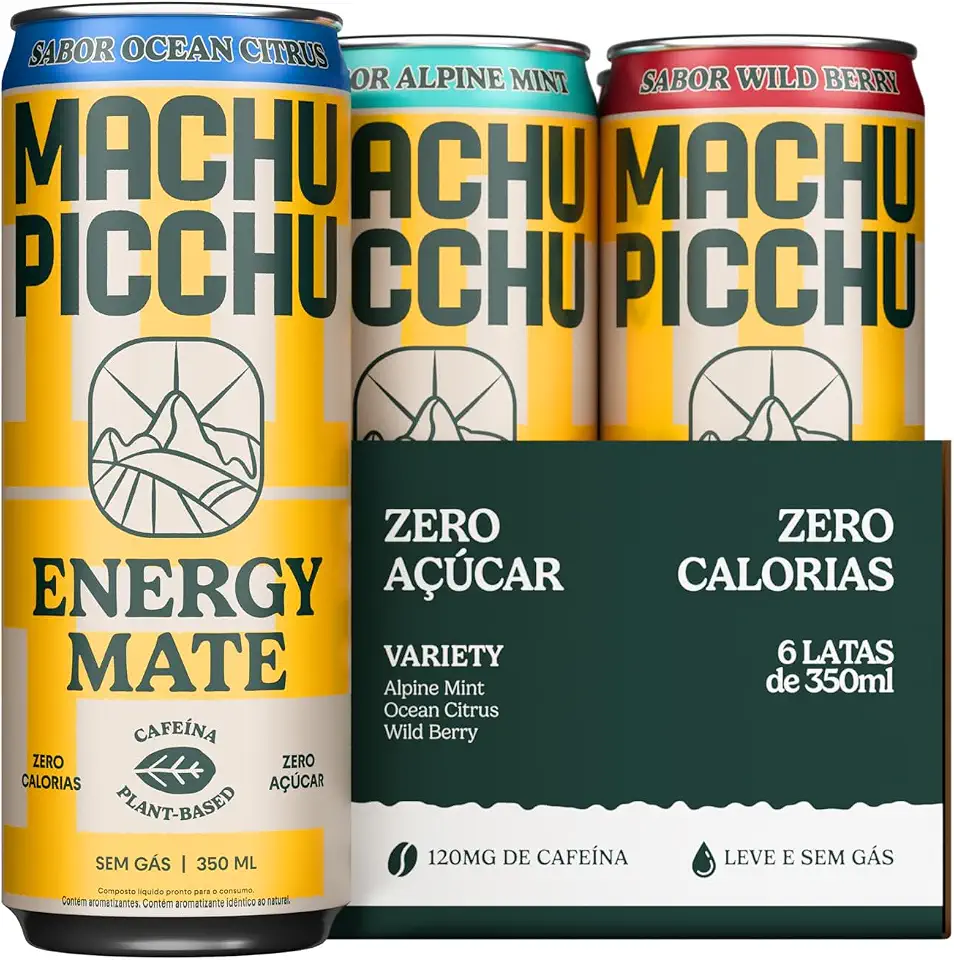 PACK DE 6 MACHU PICCHU ENERGY MATE - Pack com Sabores Sortido com 6 Latas, Zero Açúcar, Zero Calorias, Sem Gás - Alpine Mint, Ocean Citrus e Wild Berry