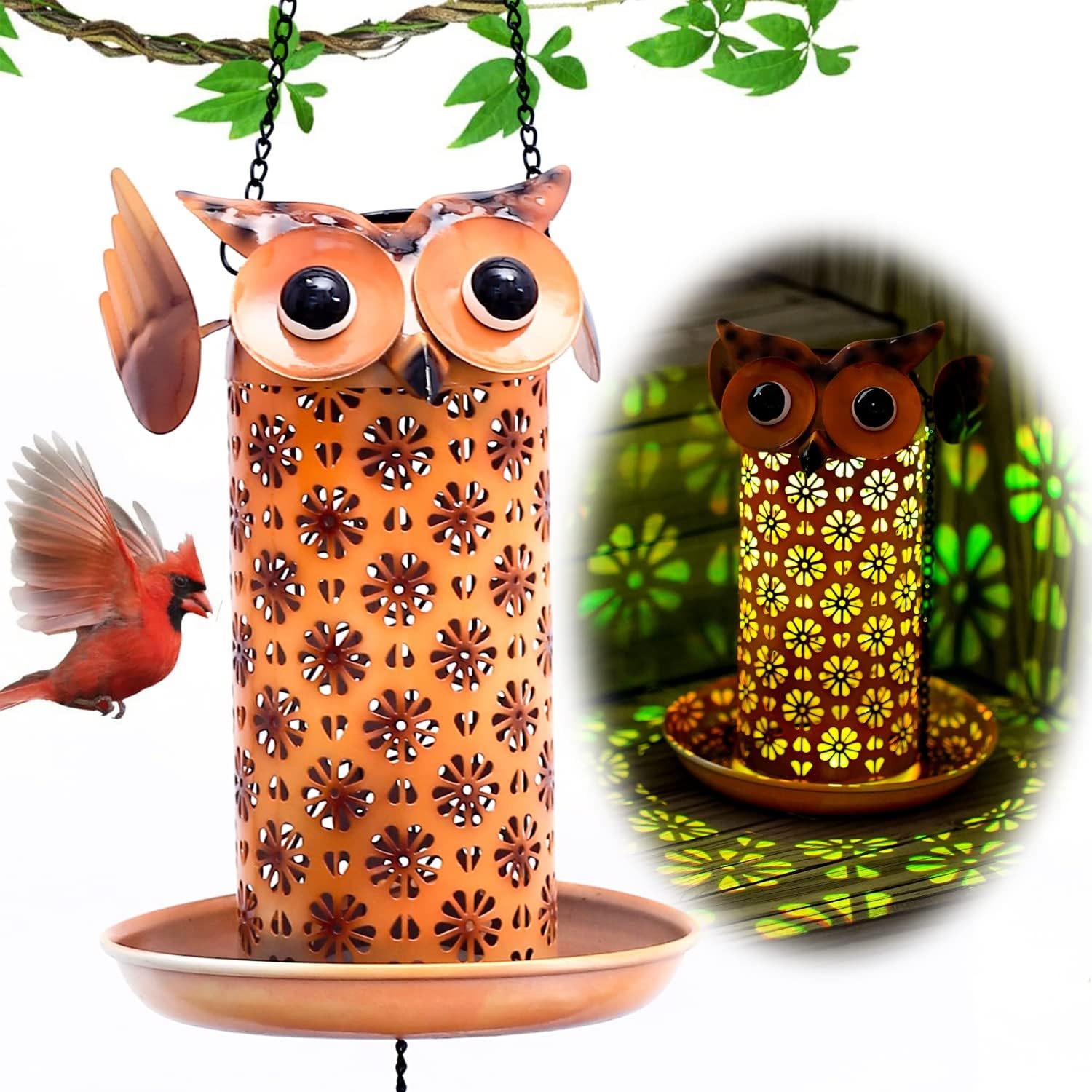 Solar Wild Bird Feeder for Outside Hanging Gifts for Bird Lovers,Owl Decorative Solar Bird Feeder Hanging Bells at the Bottom.