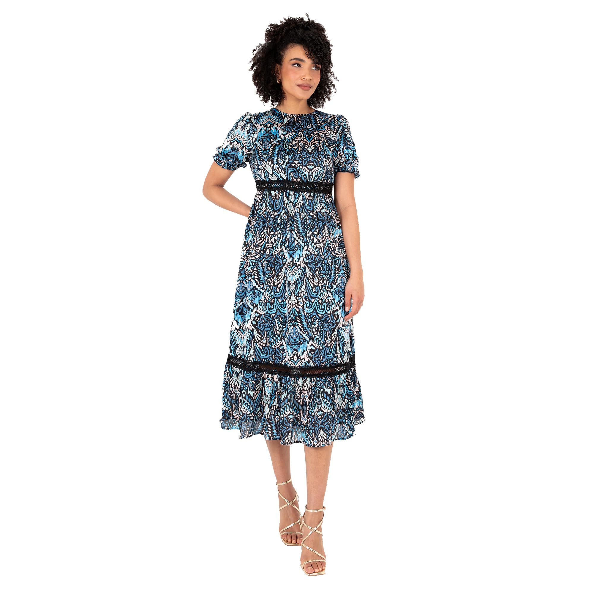 Lovedrobe Women's Ladies Midi Dress Round Neckline Short Puff Sleeve Tiered Hem Ruffle Animal Print A-Line Casual Ocasión Vestido para Mujer