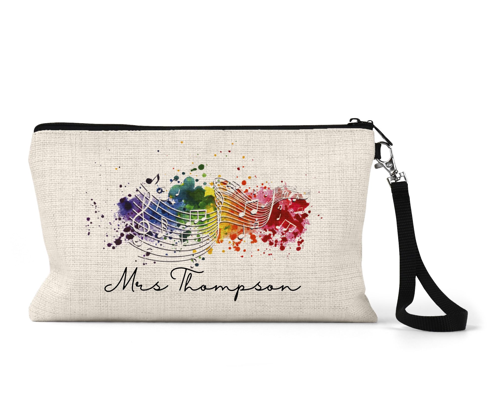 Personalised Music Teacher Gift, Personalised Pencil Case, Thank You Present, Appreciation Week, Christmas, Graduation or Birthday Keepsake, Rainbow Musical Notes Design, 15 x 24 cm with Strap