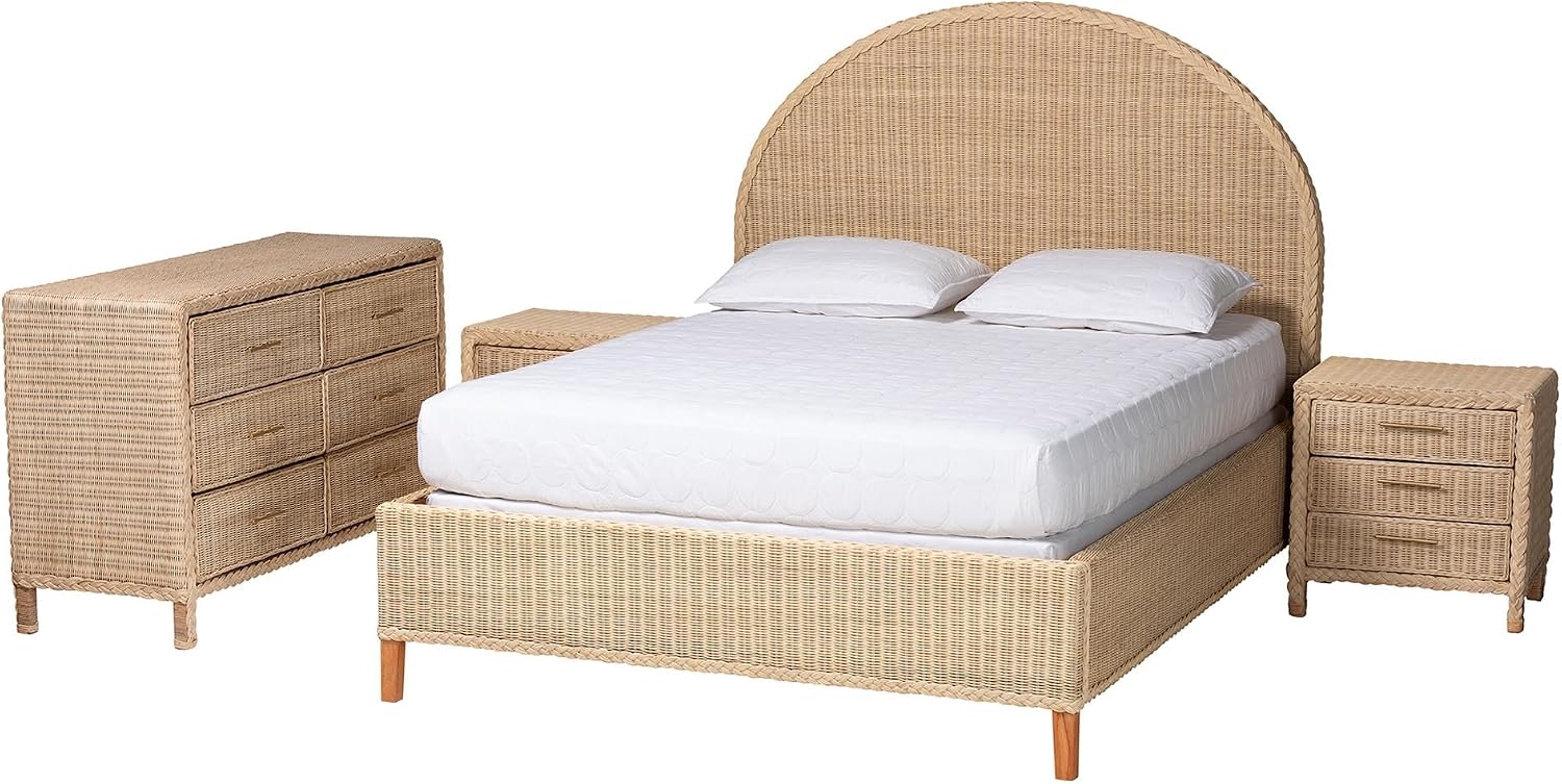 bali & pari Lanica Japandi Sun-Bleached Braided Rattan Queen Size 4-Piece Bedroom Set