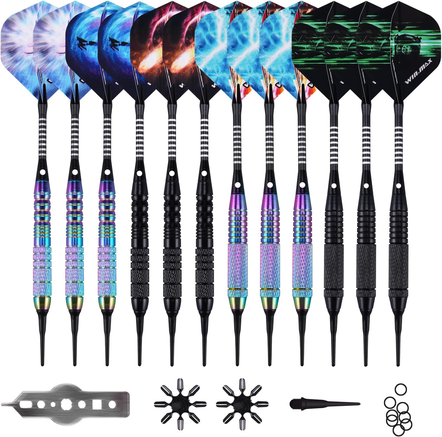 WIN.MAX Darts Plastic Tip - Soft Tip Darts Set - 12 Pcs 18 Gram with 100 Extra Dart Tips 12 Flights Flight Protectors and Wrench for Electronic Dart Board