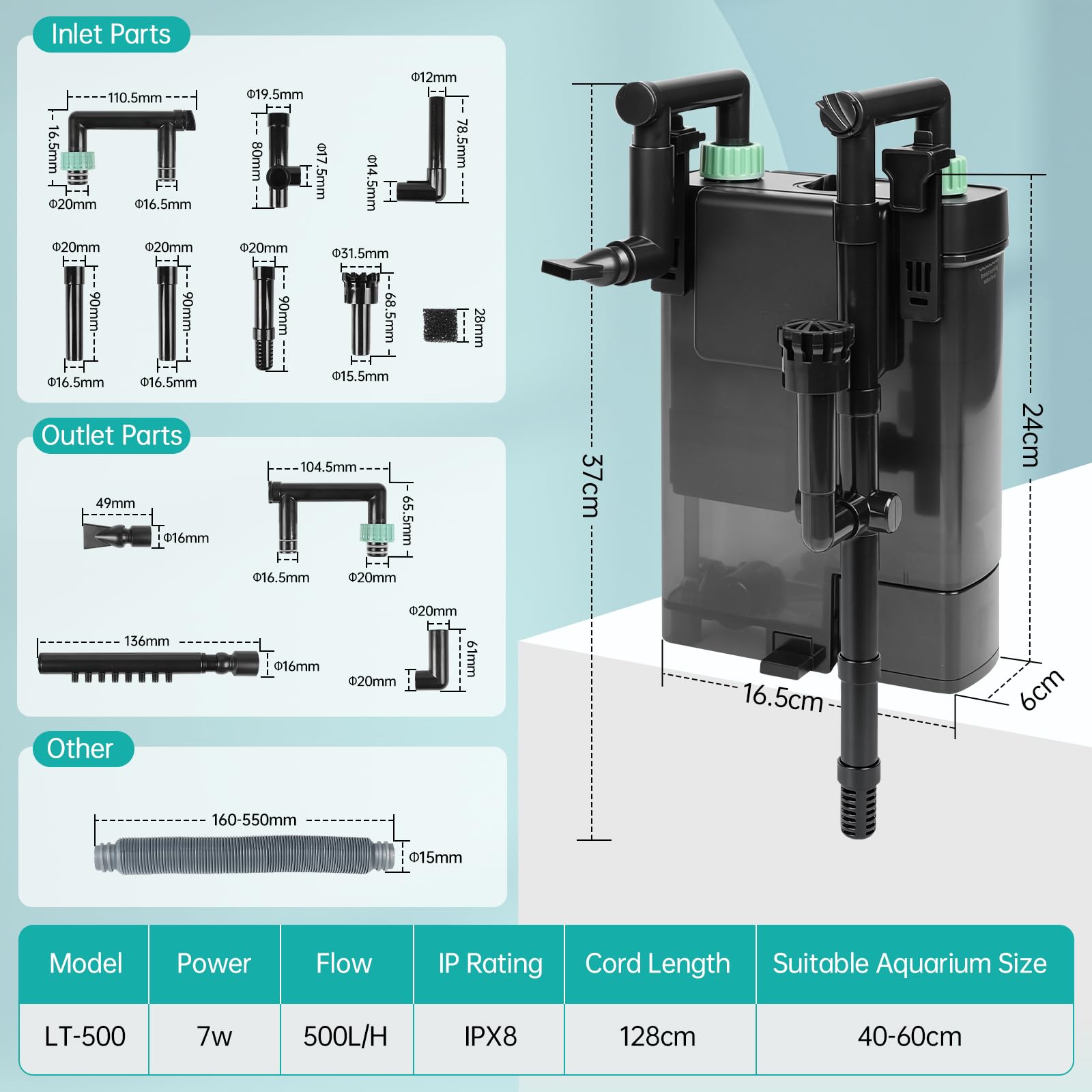 Hang On Filter Aquarium 7W 500L/H Aquariumfilter Leiser Außenfilter