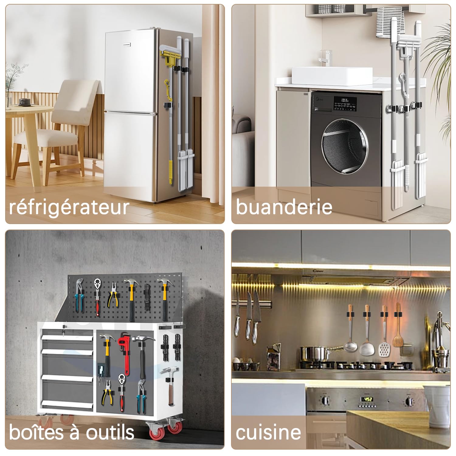 3-H Accroche Balai Magnétique en Acier Inox, Lot de 4 Support Balai Magnétique avec 4 Mini Crochet Aimanté Puissant, Porte Balais Mural Sans Percer pour Garage, Cuisine, Buanderie,Argenté