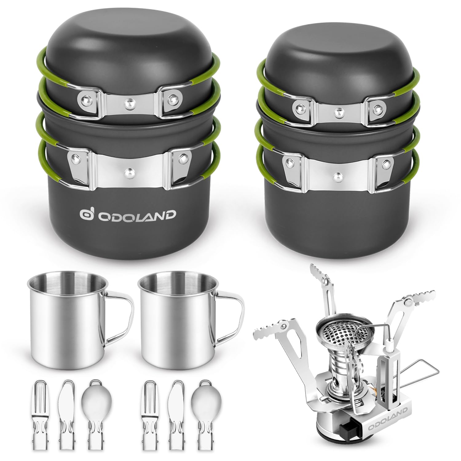Odoland Camping Cookware Mess Kit, Camping Pot and Pan Set with Mini Backpacking Stove, Stainless Steel Cup, Spork and Tank Bracket, Cooking Gear for Outdoor, Hiking, Picnic, Campfire
