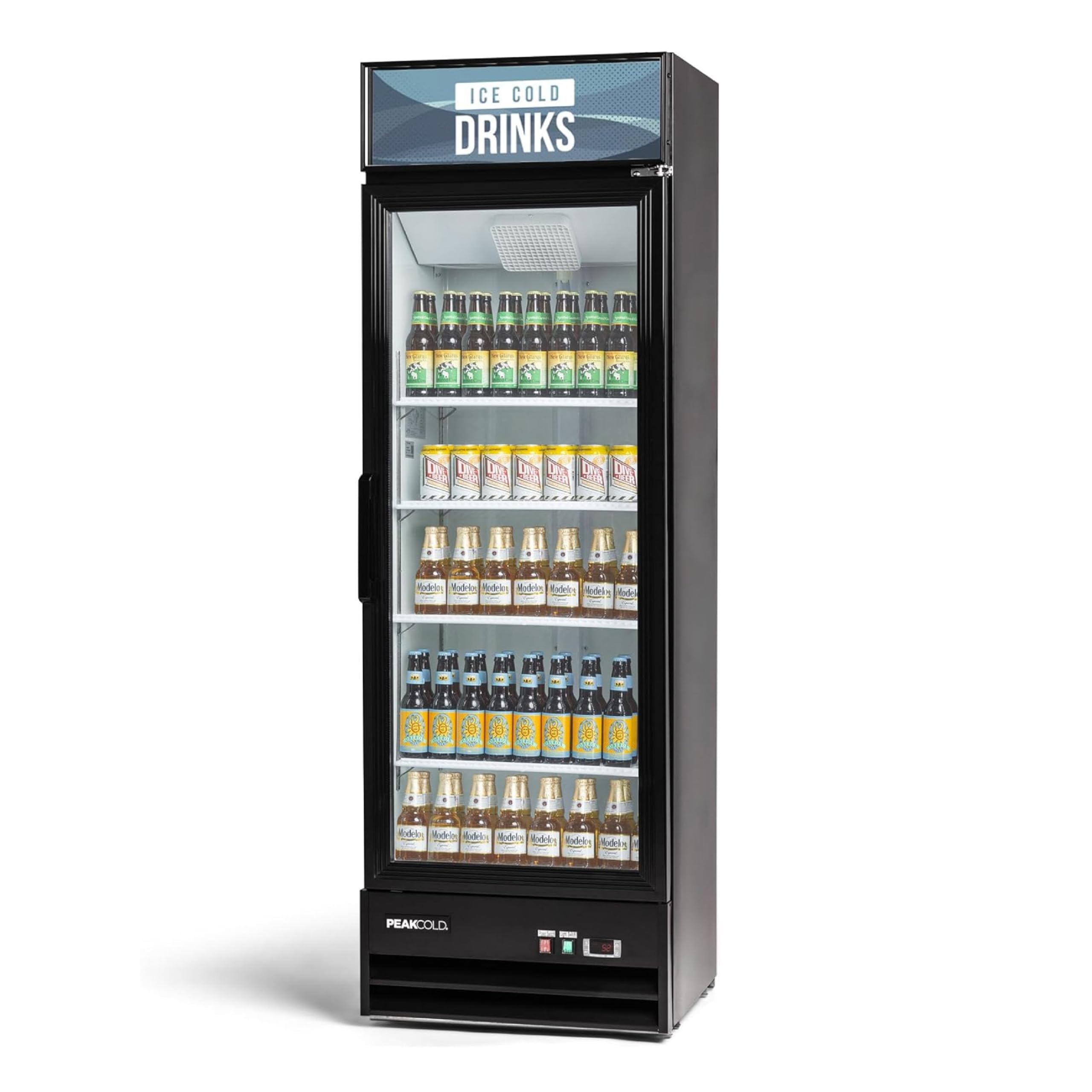 Peakcold 1-Door Display Refrigerator - 14 Cubic Ft, Energy Efficient, Black Merchandiser Refrigerator With Glass Door, White Interior & LED Lighting - Commercial Display Cooler on Fridge.com - View 1