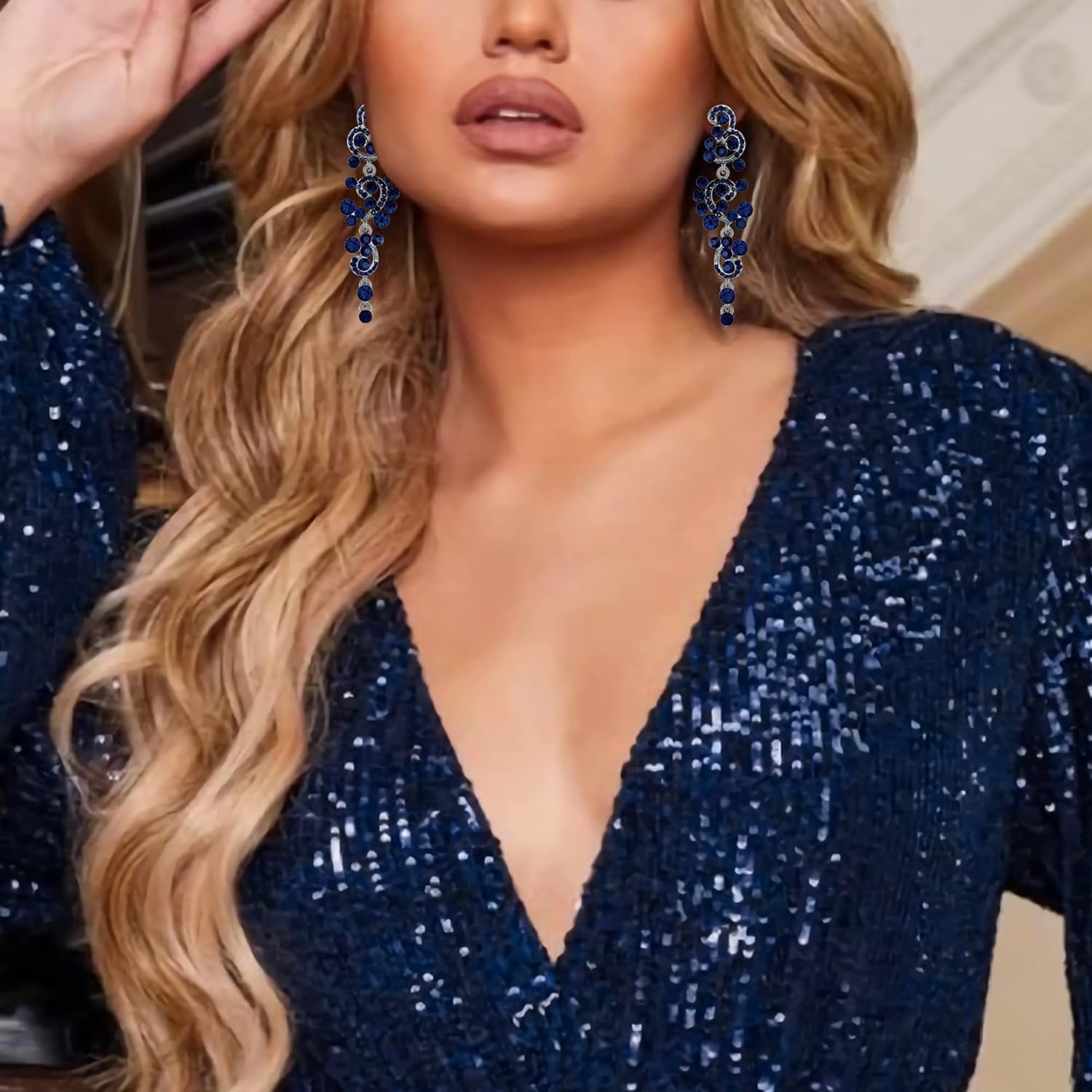 BriLove Women's Bohemian Boho Wedding Bridal Crystal Floral Chandelier Hollow Dangle Earrings - Image 2