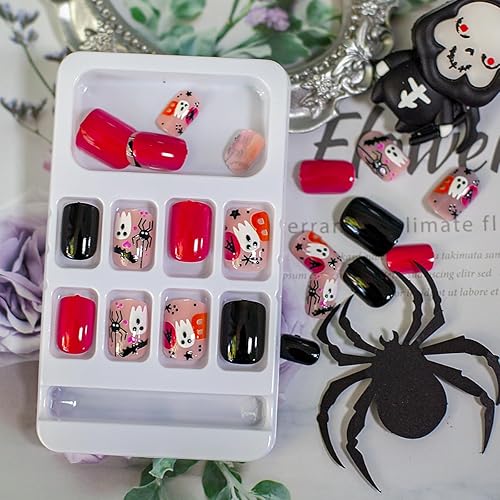 Miniatura 5 de Uñas postizas de Halloween, uñas cortas cuadradas a presión, uñas postizas rosa y negro con diseños de telaraña fantasma, uñas con pegamento, puntas