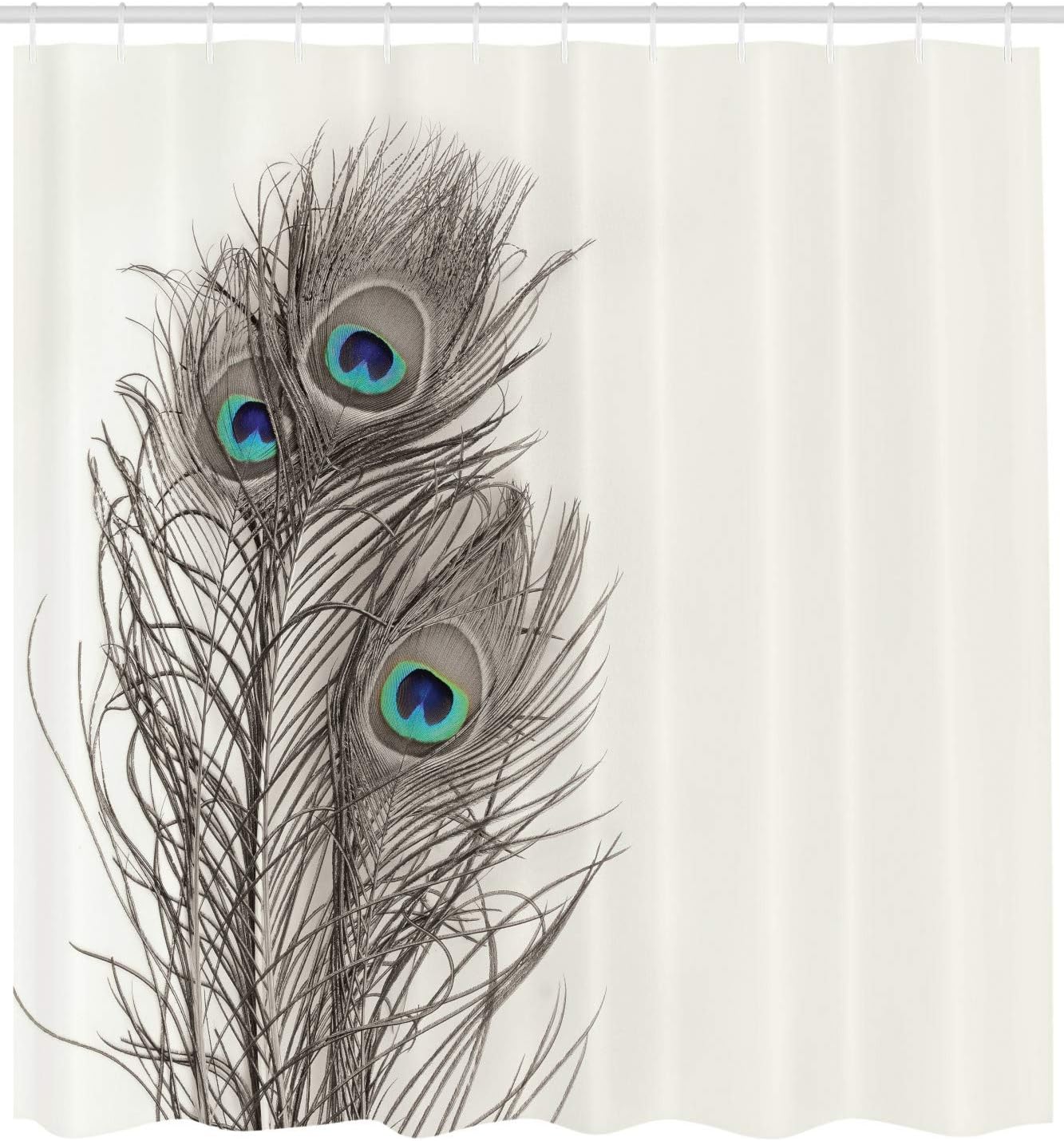 Ambesonne Peacock Shower Curtain, Feathers of Exotic Bird on White Backdrop Bohemian Wildlife Composition, Cloth Fabric Bathroom Decor Set with Hooks, 69" W x 75" L, Ecru
