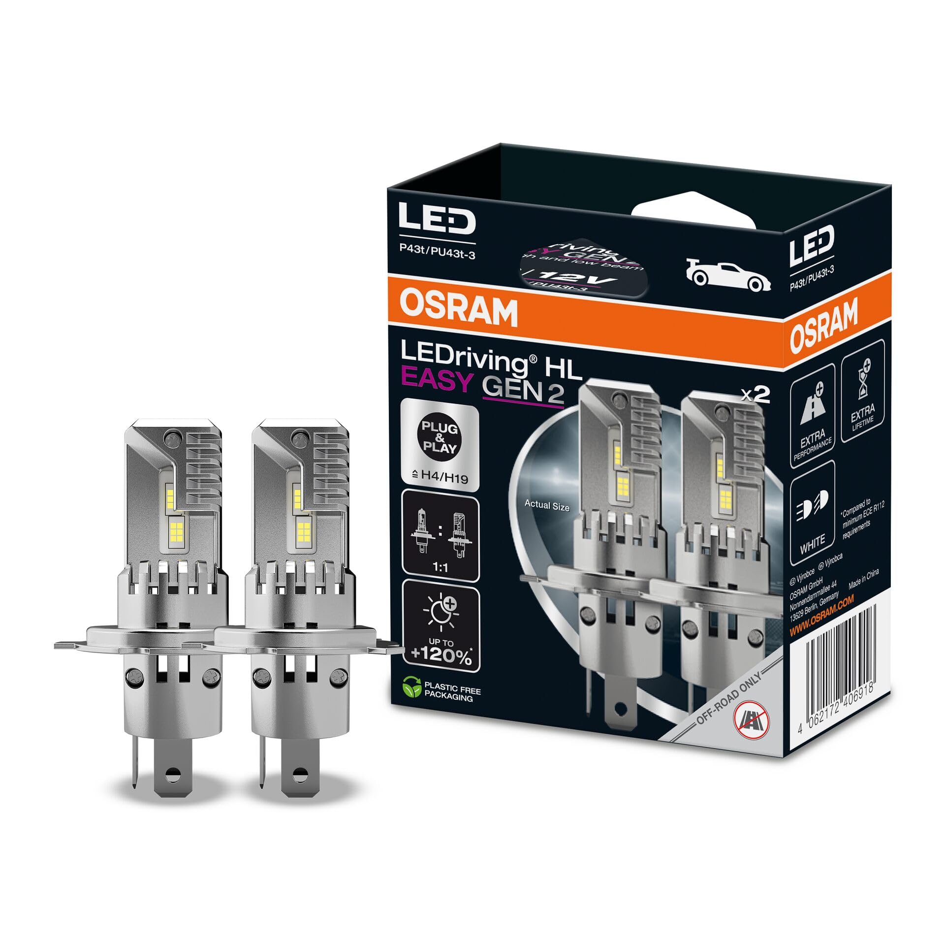 OSRAM LEDriving HL EASY GEN 2 ≜ H4/H19, lampada LED abbaglianti e anabbaglianti, bianco freddo 6500K, nessun accessorio necessario, solo per uso fuoristrada - no ECE, 2 lampade