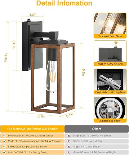 Miniatura 5 de VIANIS Luces de pared del atardecer al amanecer, lámpara exterior de grano de madera, luz de garaje de vidrio transparente, aplique de luces