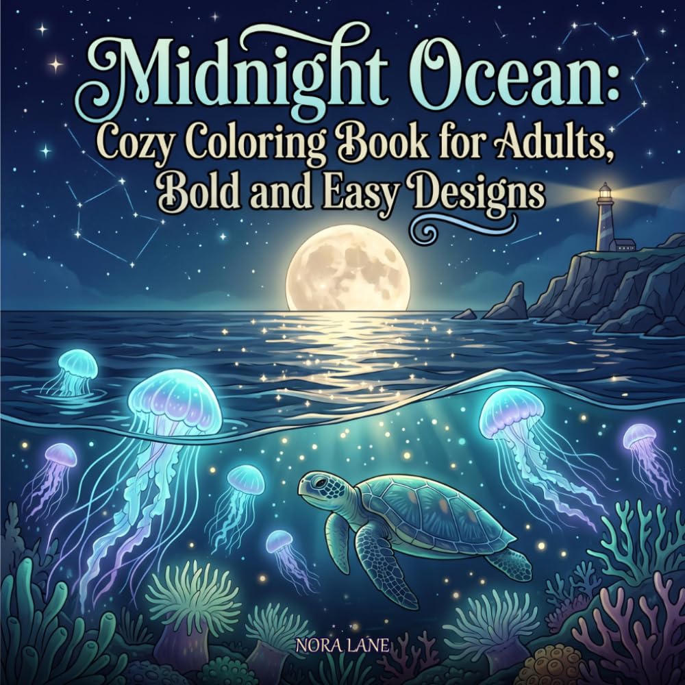 Midnight Ocean: Coloring Book for Adults, Bold and Easy Cozy Designs: 50 Calming Deep Sea and Coastal Illustrations Featuring Ocean Creatures, ... Scenes, and Moonlit Seascapes for Relaxation