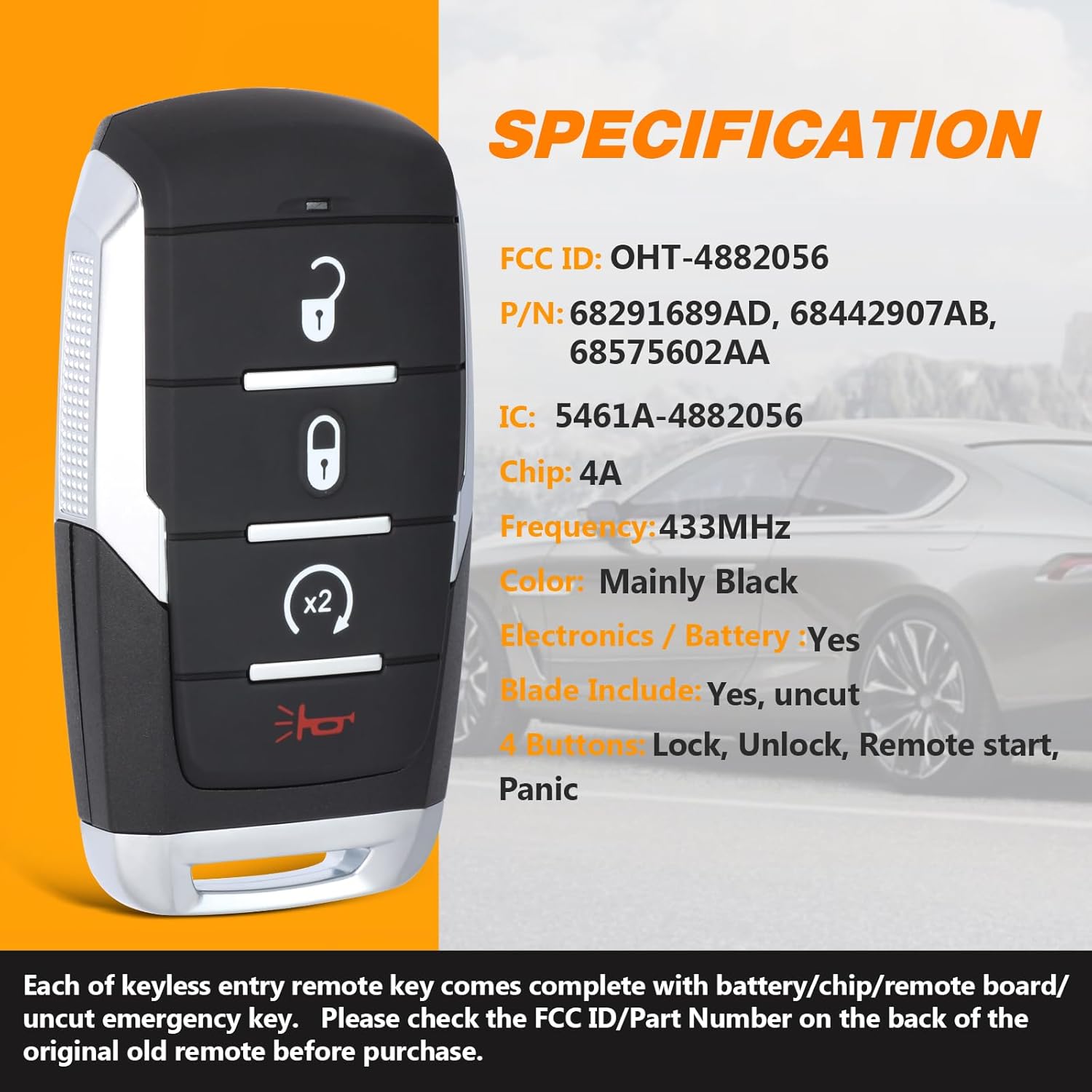 Yewong Car Key Fob Remote Keyless Entry Control for Dodge Ram 1500 Pickup 2019 2020 2021 2022 2023 2024 OHT-4882056 68442907 68291689 4 Buttons 433MHz 4A Chip