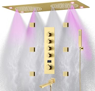 Brushed Gold Rain LED Shower System With Spa Body Jets, 12.5X24.5 Inch Large Horizontal Rectangle Ceiling Shower Head, Double Bath Shower Set Flow Can Be Controlled