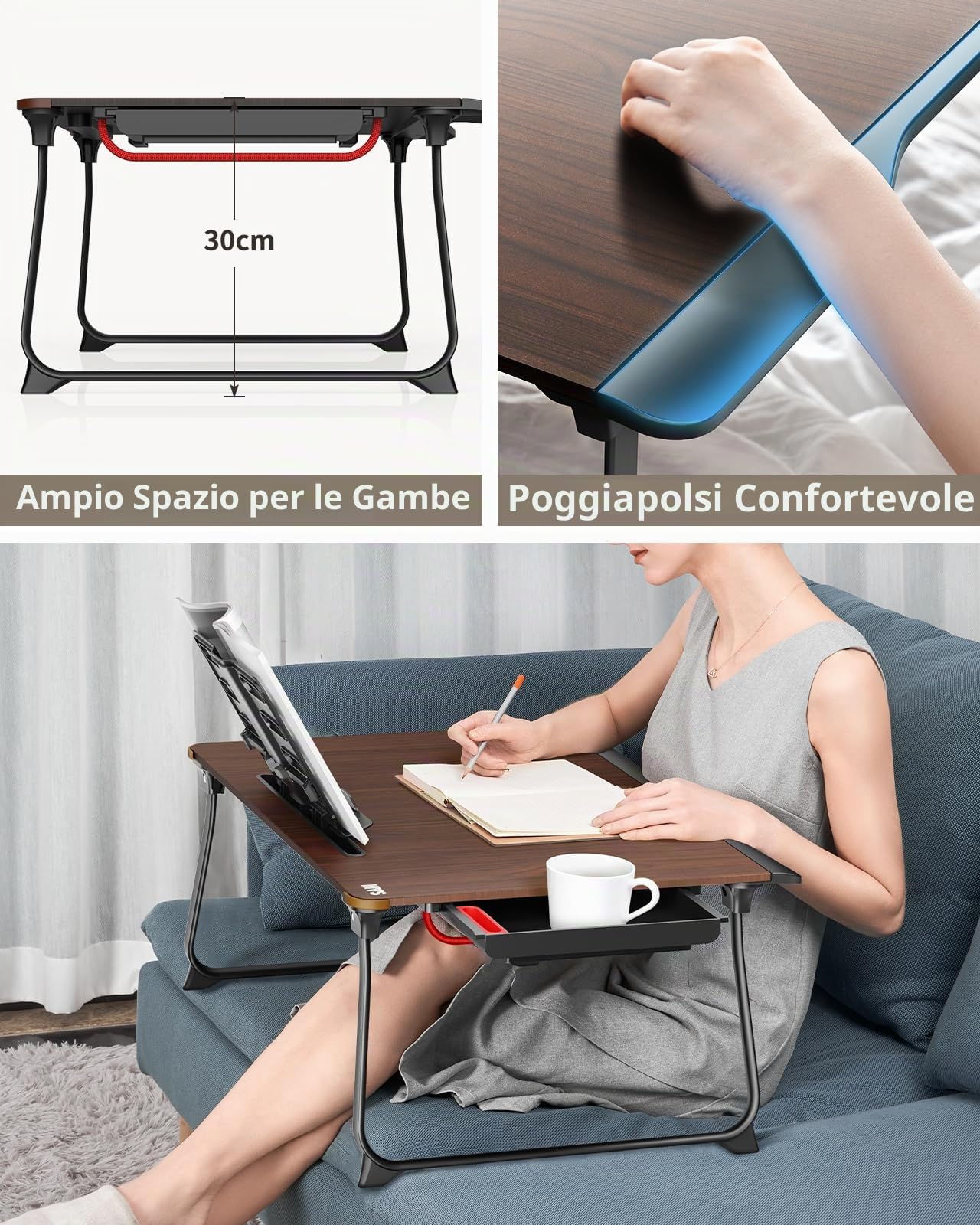 Tavolo da letto per laptop, tavolo da letto pieghevole SAIJI XXL, per studiare, mangiare, divano, letto, con cassetto, supporto per telefono tablet libro (nero, 65 * 49 * 30cm)