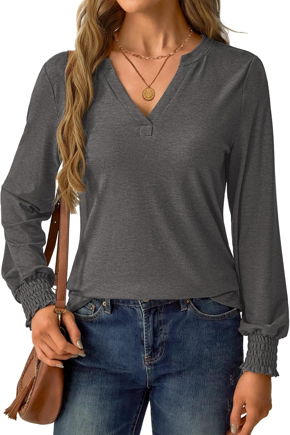 Womens Long Sleeve Shirts Fall Tops V Neck Business Dressy Casual Blouses with Smocked Cuffs - Image 5