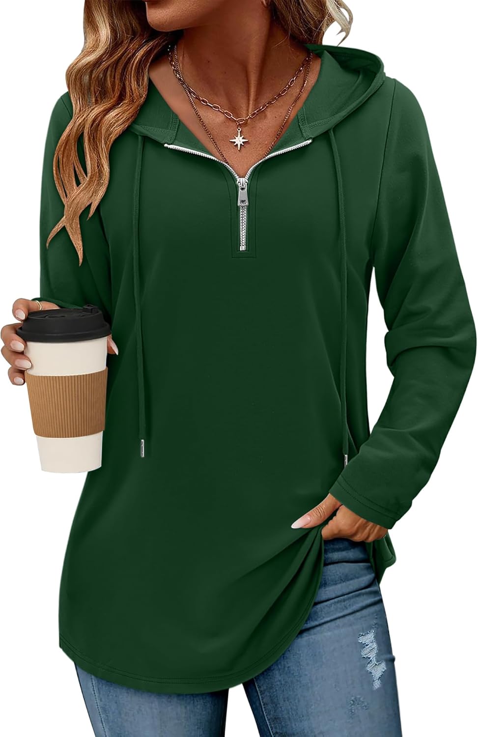 BETTE BOUTIK Womens Quarter Zip Tunic Hoodies Pullover Long Hooded Sweatshirts S-3XL