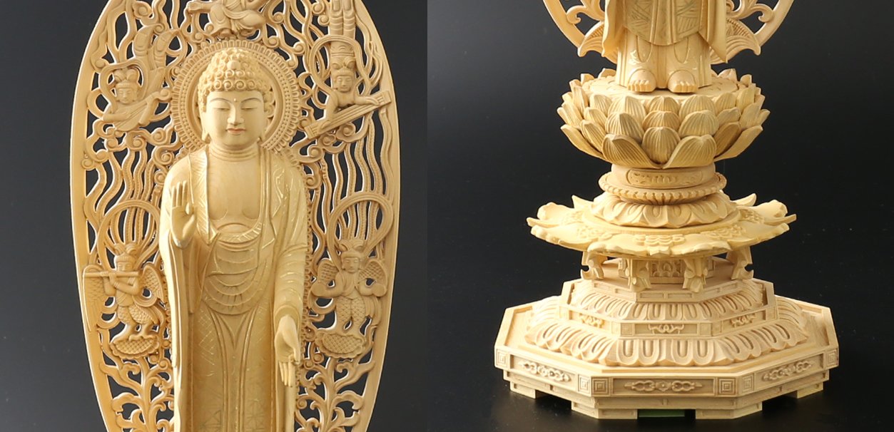 Amazon｜京仏壇はやし 仏像 総ツゲ 新八角台座 舟立弥陀 飛天 金泥書