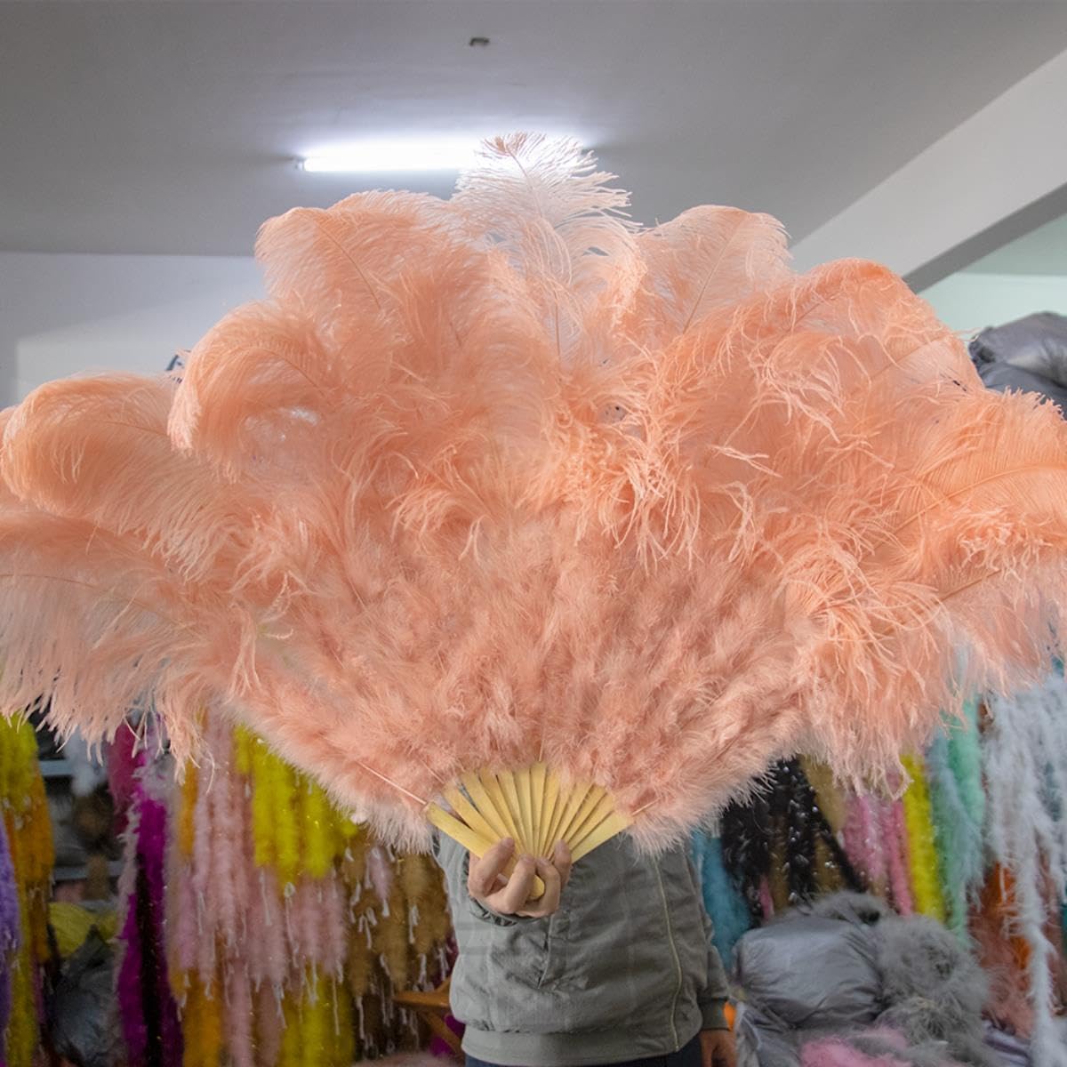 130 Cm Duże Wentylatory Ze Strusich Piór Duże 13bone Składane Futro Ręczny Wentylator Pokaz Tańca Fan Puszyste Pióra Wentylator Na Burleskowe Wesele, Rose, Left hand