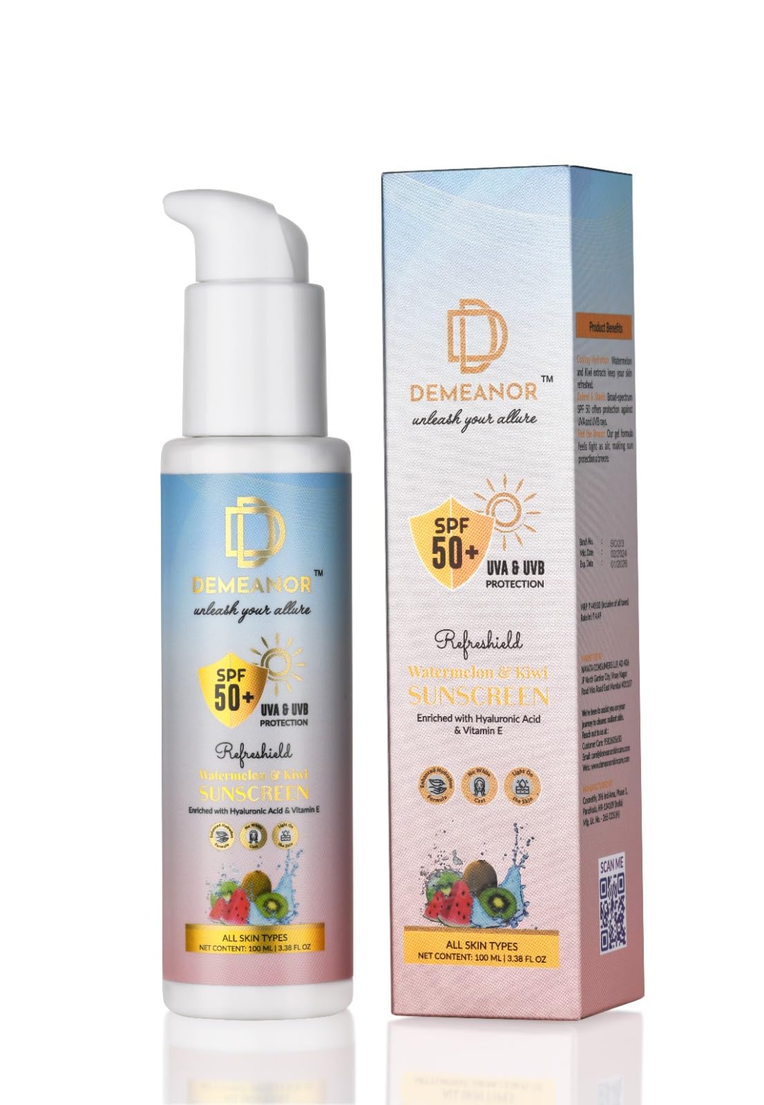 DEMEANOR HydraFresh Watermelon & Kiwi Sunscreen: SPF 50+ Cooling Hydration with Broad Spectrum Protection