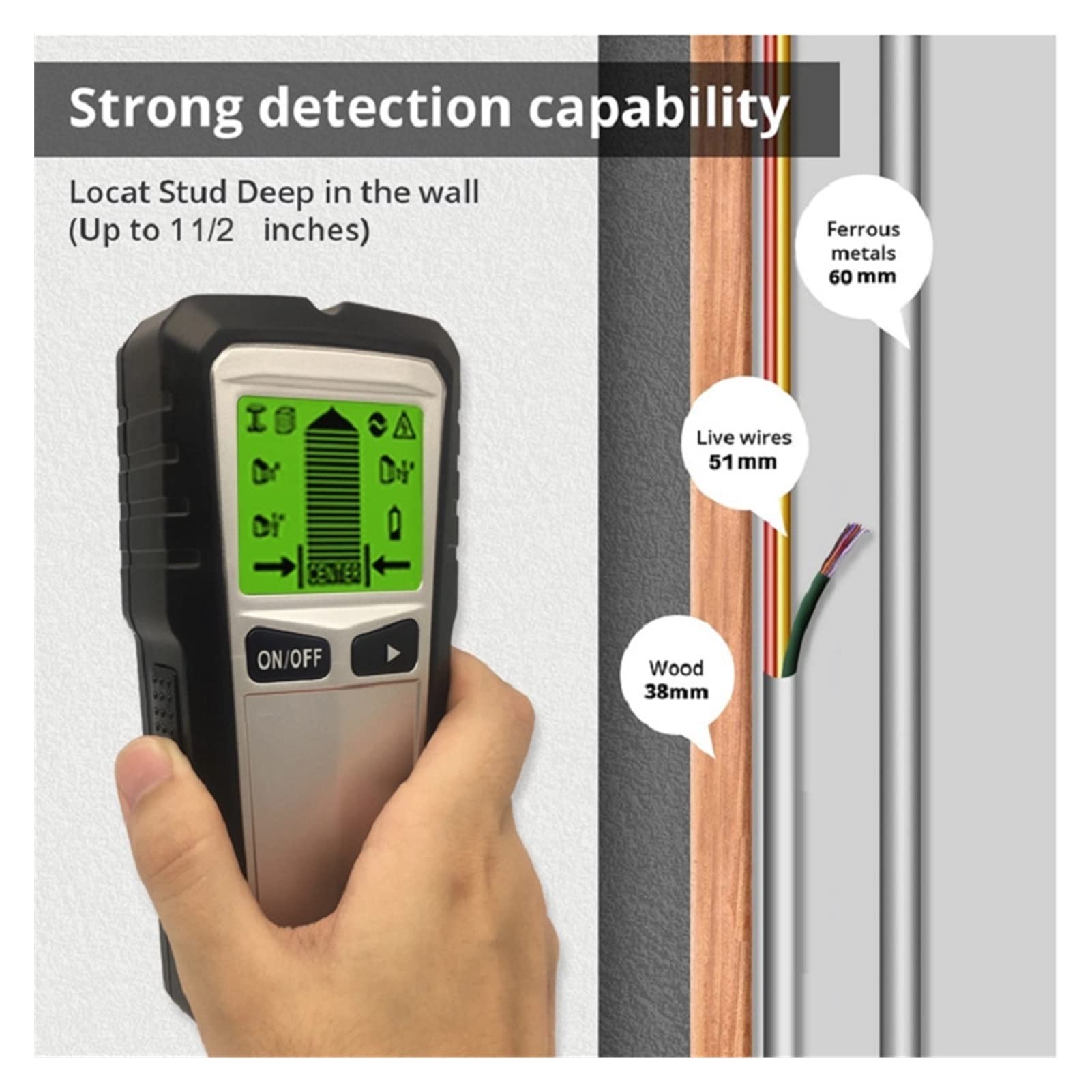 Detector de Metales, Detector de metales de escáner de pared C.A. Detector de tubos de alambre de cable de cable de voltaje Detector de escáner de pared Localizador de pared con alarma de audio