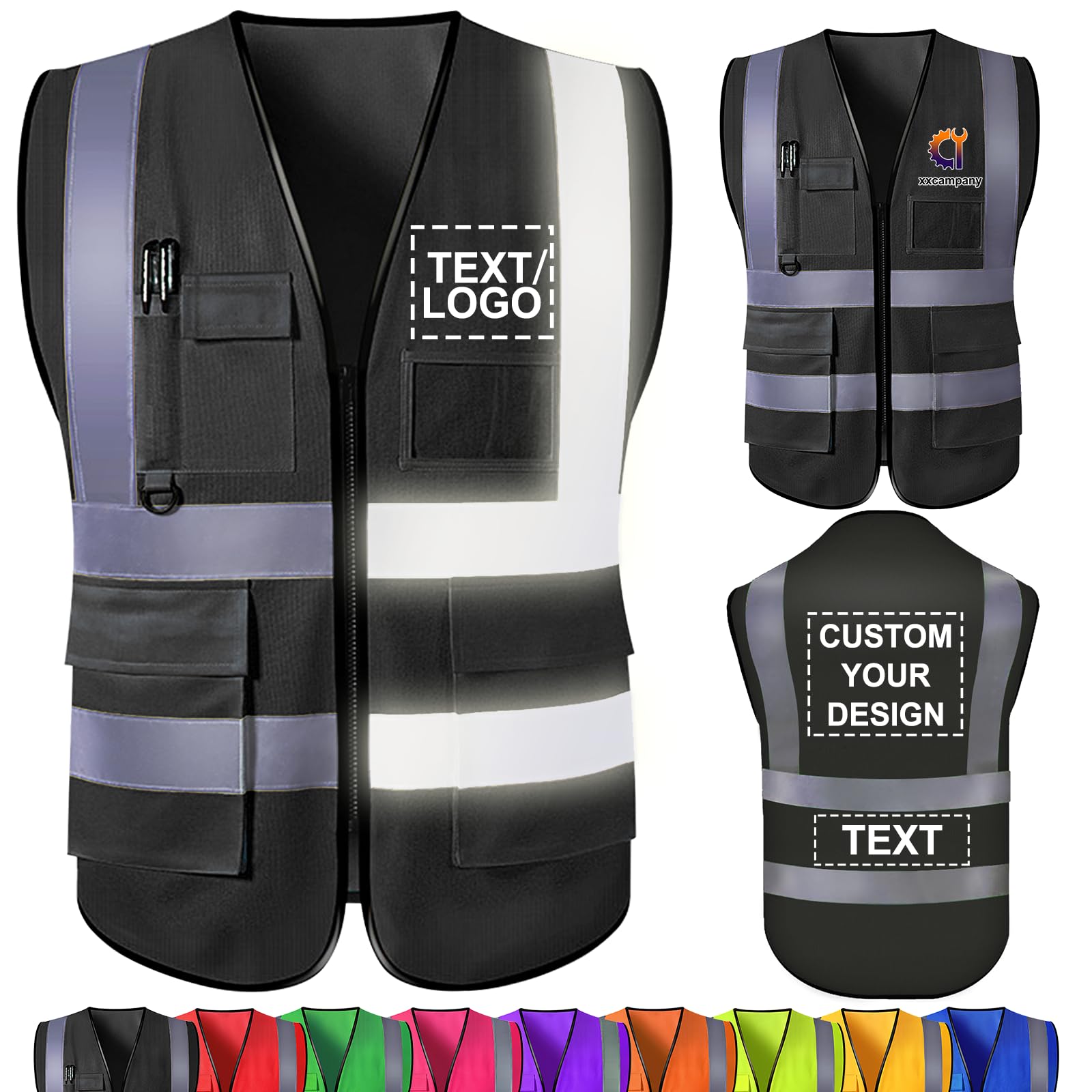 Custom Safety Vest Bulk with Name Logo Text Personalised High Visibility Reflective Vests with Pockets Customised Work Vest for Men Construction Employee Black 5X-Large โ image 1