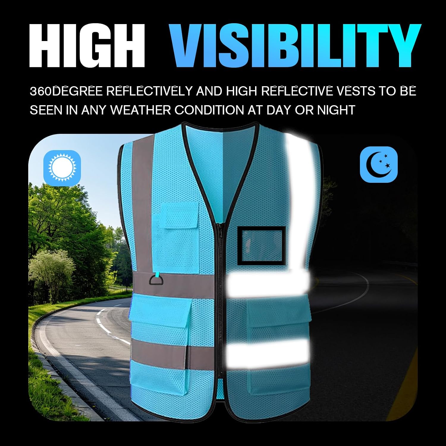 Reflective Mesh Safety Vest, Breathable Hi Vis Vest Construction Work with 5 Pockets and Zipper for Men Women
